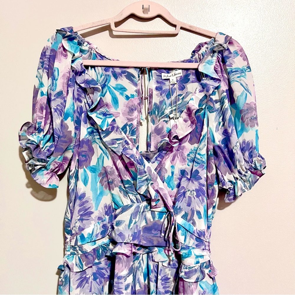 NWT For Love & Lemons Shelly Floral Lilac Ruffled Mini Puff Sleeve DressMSRP$236 - Picture 3 of 16